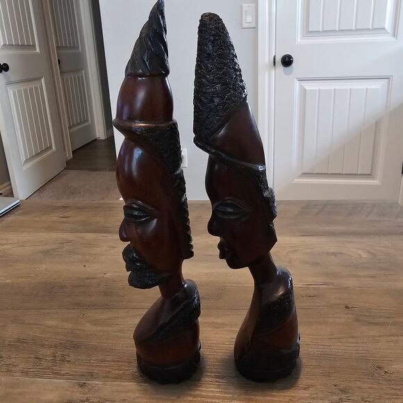 Vintage African Couple Carved Bust Wood Art Statues Handcrafted Tribal 10" - Picture 10 of 16